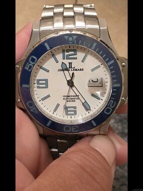 Jerome Lemars Men's Automatic Stainless Steel Watch - White Dial, Blue Bezel